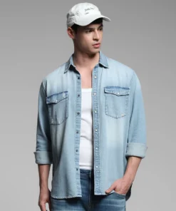 Classic Light Blue Washed Denim Shirt for Casual Wear