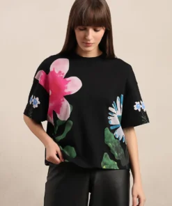 Black Fashion Print Floral Cotton T-Shirt