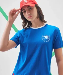 Women Blue Printed Round Neck Oversized Fit T-Shirt