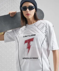 White Printed Round Neck Oversized Fit T-Shirt For Women