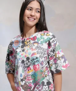 White Mickey Mouse Graphic Round Neck Tee