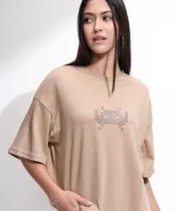 Beige Embellished Round Neck Oversized Fit T-Shirt