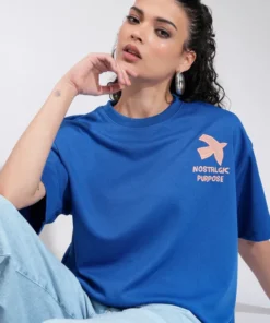 Women Blue Embroidered Round Neck Oversized Fit T-Shirt