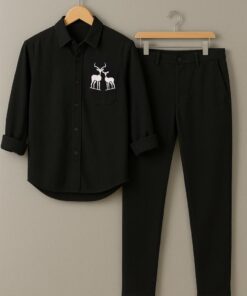 Comfortable Black Shirt With Two Deer Embroidery Paired With Black Pant for Everyday Wear