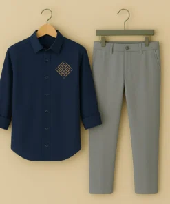 Modern Fit Men’s Blue Square Embroidery Shirt With Grey Pant Combo