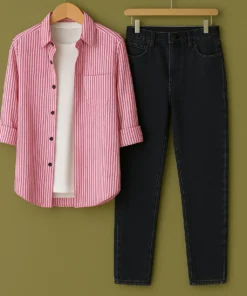 Smart Look White Cotton Shirt with Pink Stripe & Jeans Pant