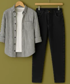 Men’s Casual White Cotton Shirt With Black Stripes and Blue Jeans Pant Combo