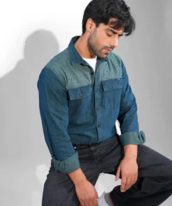 Stylish Emerald Avian Men’s Casual Two Tone Denim Shirt