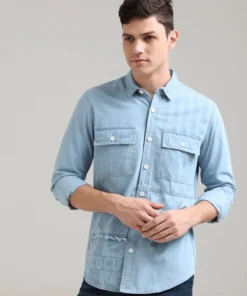 Soft Cotton Misty Blue Casual Denim Shirt Men Comfortable Fit