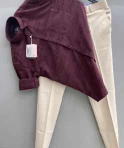 Luxury Jacquard Marron Shirt with Coordinated Light Beige Trouser